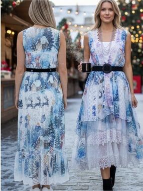Origami Small Christmas Scene Tiered Lace Hi-Lo Vest